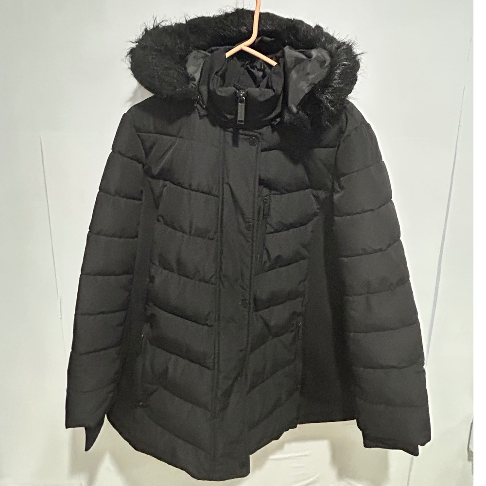 London Fog Puffer Jacket Women XL Black Faux Fur Hood Quilted Long Classic